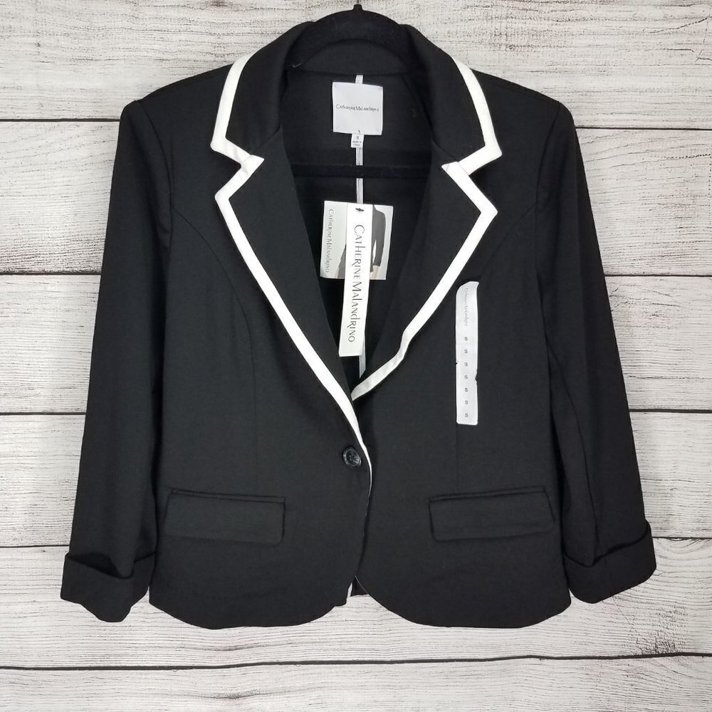 NWT Catherine Malandrino Blazer Jacket Ponte Knit Black White Trim S Academia